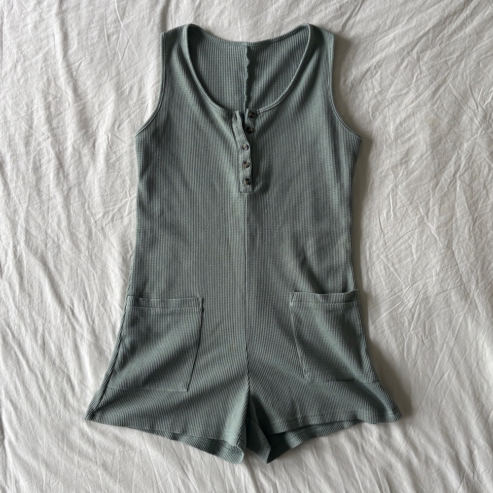 Waffle Knit Sage Green Sleeveless Romper